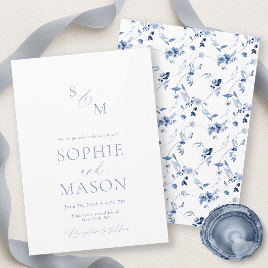Minimal Dusty Blue Monogram Wedding Invitation