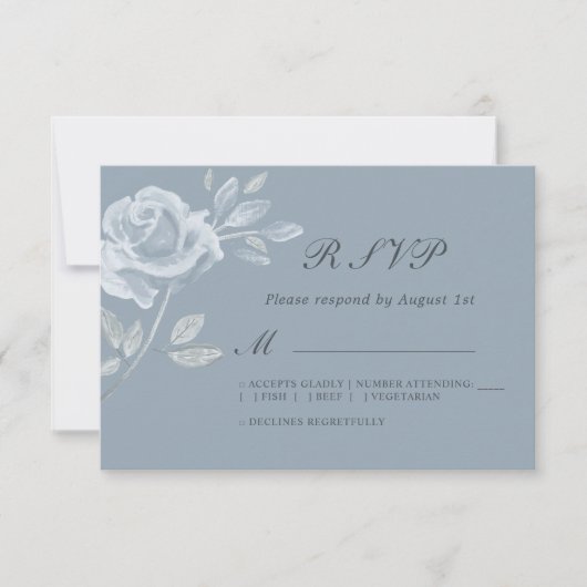 Minimal Dusty Blue Roos Wedding RSVP (Voorkant)