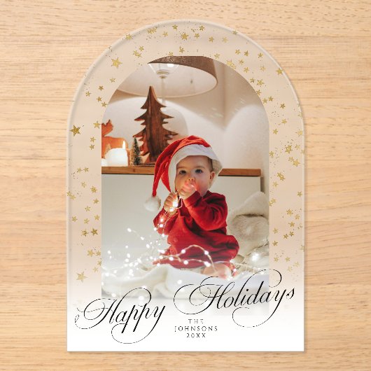 Minimal Elegant Script Christmas Card Arch Photo Acryl Uitnodigingen (Voorkant)