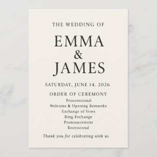Minimal Elegant Wedding Program | Ivory Ceremony Programma
