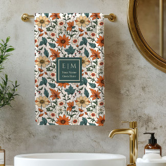 Minimal Fall Flowers Pastel Sage Custom Bath Towel
