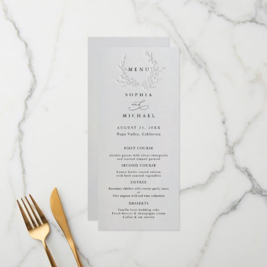 Minimal Faux Blind Deboss Cotton Wedding Flat Menu (Voorkant / Achterkant in situ)