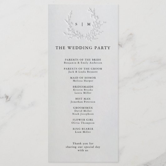 Minimal Faux Blind Deboss Cotton Wedding Program Programma (Achterkant)
