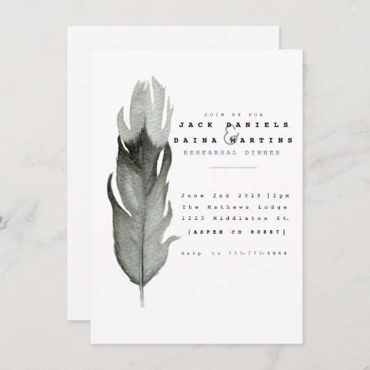 Minimal Feather Waterverf bruiloft uitnodigen Kaart (Voorkant / Achterkant)
