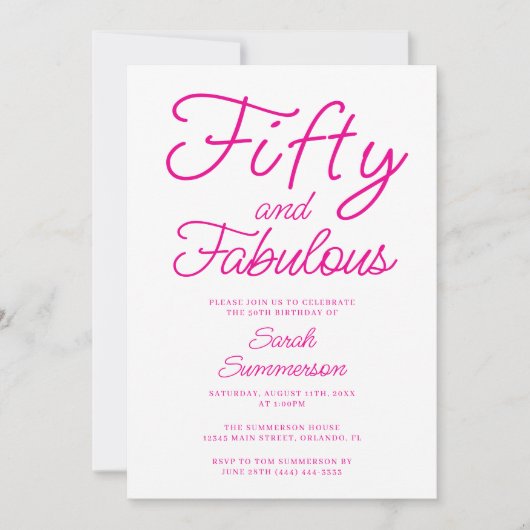 Minimal Fifty Fabulous Pink 50th Birthday Party Kaart (Voorkant)