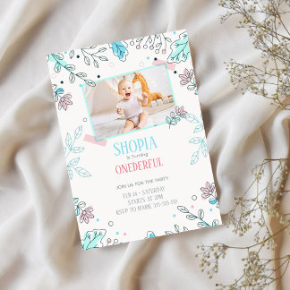 Minimal Floral 1st Birthday Photo Invitation Kaart