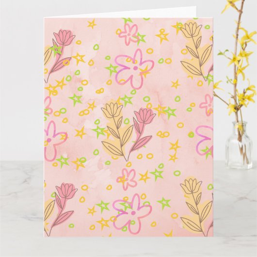 Minimal Floral Doodle Pattern –Pastel Pink pattern Kaart (Gele Bloem)