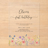 Minimal Floral First Birthday Acrylic Invitation (Recto)