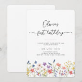 Minimal Floral First Birthday Invitation Kaart (Voorkant / Achterkant)