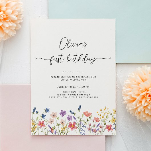 Minimal Floral First Birthday Invitation Kaart