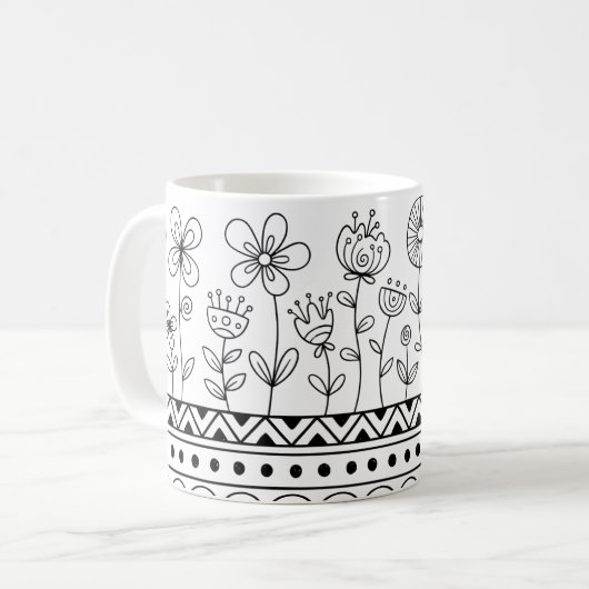 Minimal Floral Folk Pattern Mug – Boho Line Art (Devant gauche)