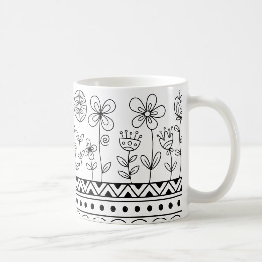 Minimal Floral Folk Pattern Mug – Boho Line Art Koffiemok (Rechts)