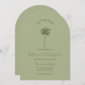 Minimal Green Palm Tree Beach Save The Date Kaart (Voorkant / Achterkant)