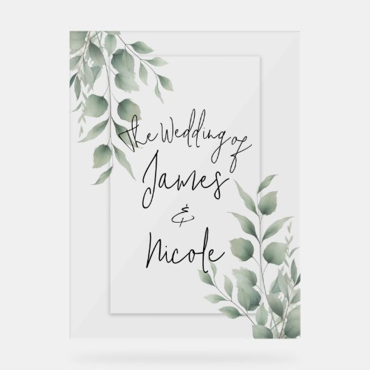 Minimal Greenery laat moderne witte bruiloft achte Acryl Bord (Voorkant)