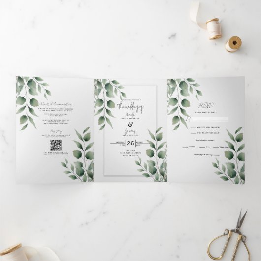 Minimal Greenery laat moderne witte bruiloft achte Drieluik Uitnodiging (Binnen)
