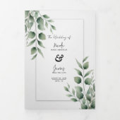 Minimal Greenery laat moderne witte bruiloft achte Drieluik Uitnodiging (Cover)