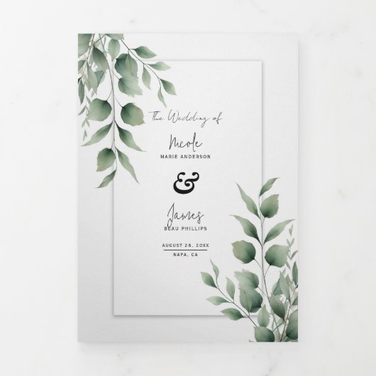 Minimal Greenery laat moderne witte bruiloft achte Drieluik Uitnodiging (Cover)
