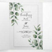 Minimal Greenery laat moderne witte bruiloft achte Drieluik Uitnodiging (Binnenkant midden)