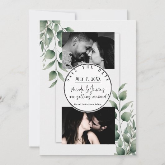 Minimal Greenery Leaves Modern White Save the Date Kaart (Voorkant)