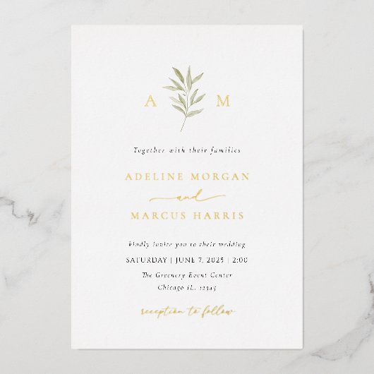 Minimal Greenery Olive Branch Huwelijksuitnodiging Folie Uitnodiging (Voorkant)