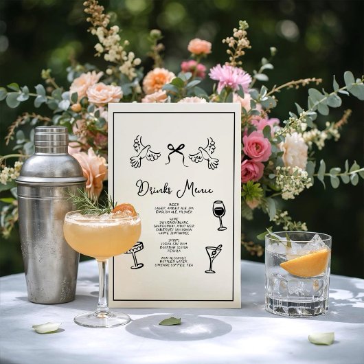 Minimal Hand Drawn “Drinks Menu” Wedding Bar  Perfect Poster