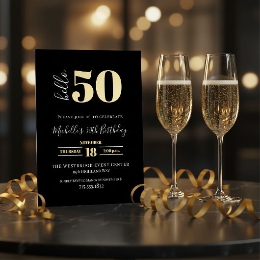 Minimal Hello 50 Script 50th Birthday Black Gold  Folie Uitnodiging