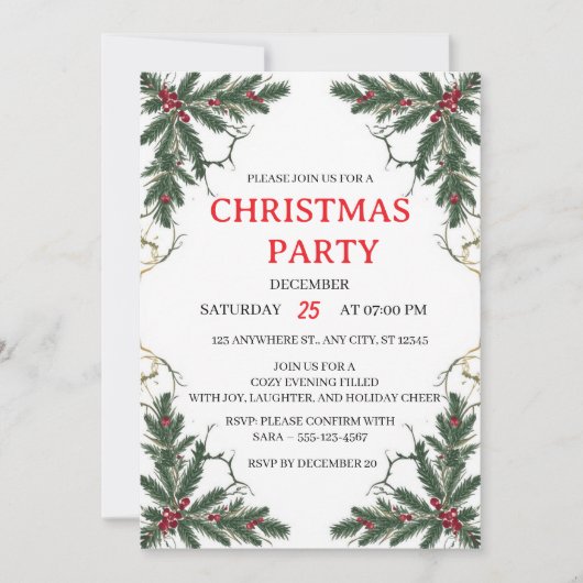 Minimal Holiday Greenery Party Invitation (Devant)