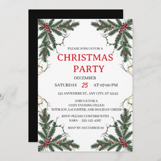 Minimal Holiday Greenery Party Invitation (Devant / Derrière)