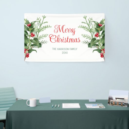 Minimal Holly Berries Branch Vrolijk Kerstfeest Spandoek (Beurs)