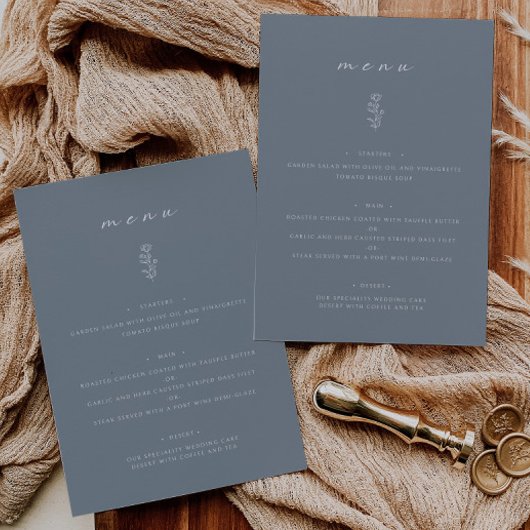 Minimal Leaf Dusty Blue Wedding Dinner Flat Menu