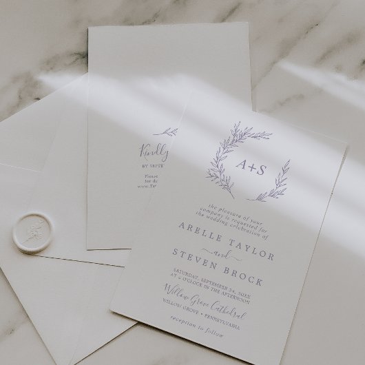 Minimal Leaf Dusty Paarse Monogram QR Code Bruilof Kaart