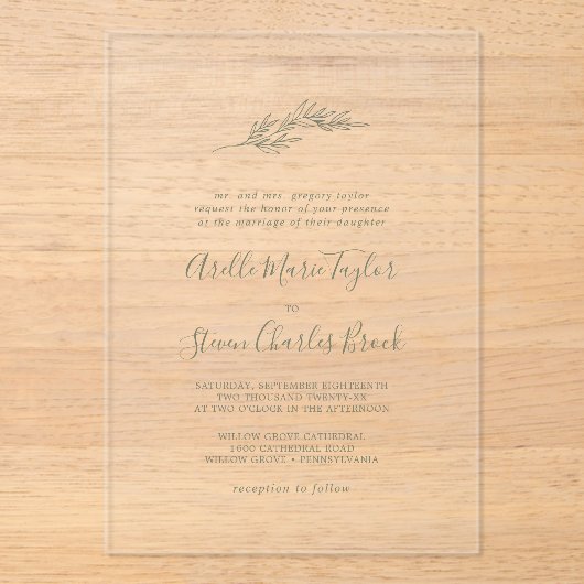 Minimal Leaf Green Formal Simple Greenery Wedding Acryl Uitnodigingen (Voorkant)