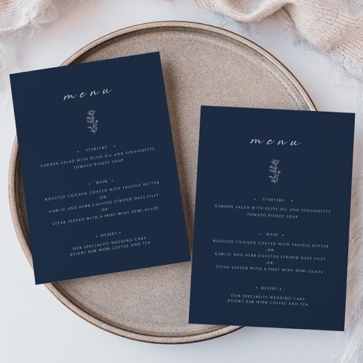 Minimal Leaf Navy Blauw Bruiloft Diner Flat Menu