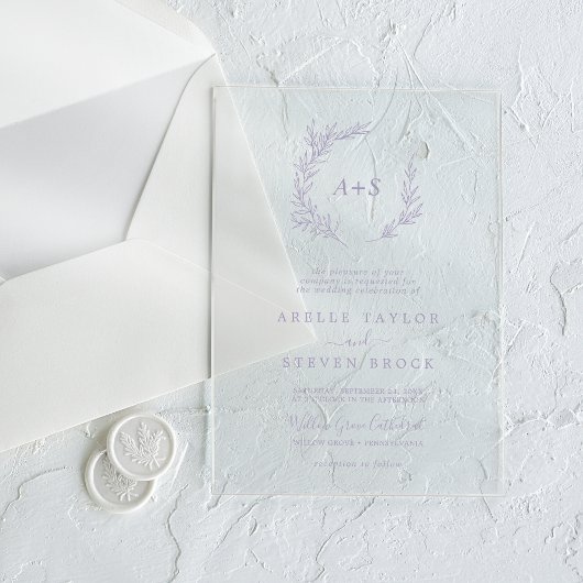 Minimal Leaf Paarse Monogram Greenery Boho Wedding Acryl Uitnodigingen