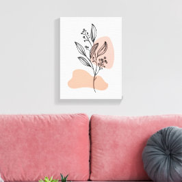 Minimal Line Art Floral Canvas – Soft Pastel Botan Afdruk