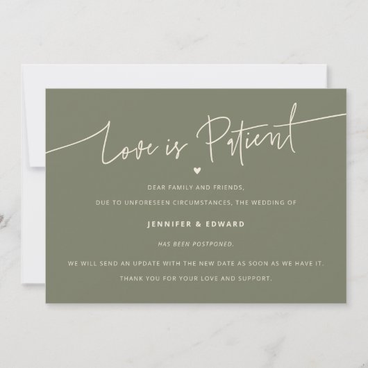 Minimal Love Is Patient Wedding Update Sage Green Kaart (Voorkant)