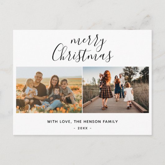 Minimal Merry Christmas Script Familie 2 Foto Feestdagenkaart (Voorkant)