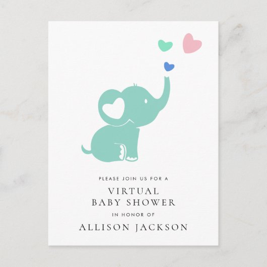 Minimal Mint Green Elephant Virtual Baby shower Uitnodiging Briefkaart (Voorkant)