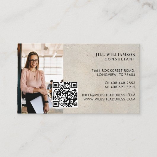 Minimal Modern Beige Stone texture Photo QR Code Visitekaartje (Voorkant)