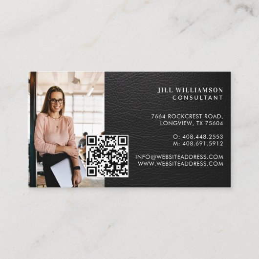 Minimal Modern Elegant Black Leather Photo QR Code Visitekaartje (Voorkant)