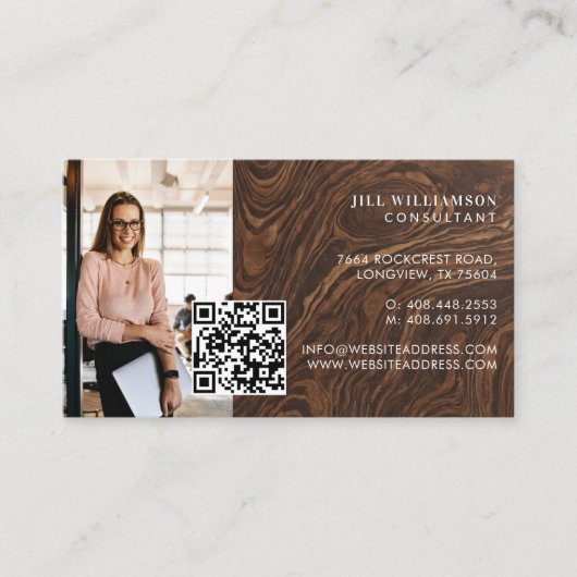 Minimal Modern Elegant Woodgrain Photo QR Code Visitekaartje (Voorkant)