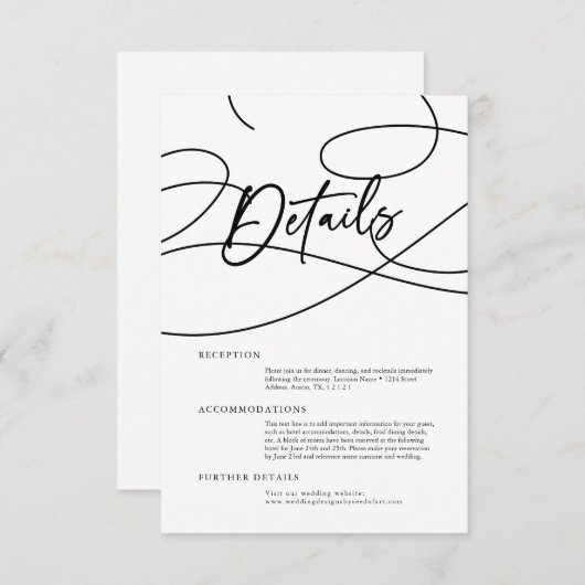 Minimal Modern Fancy Script "Details" Bruiloft Informatiekaartje (Voorkant / Achterkant)