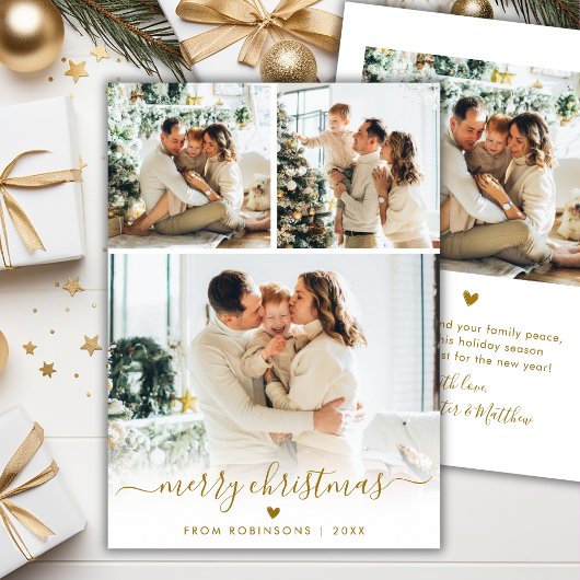Minimal Modern Gold Script 4 Photo Merry Christmas Feestdagenkaart