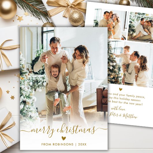 Minimal Modern Gold Script 4 Photo Merry Christmas Feestdagenkaart
