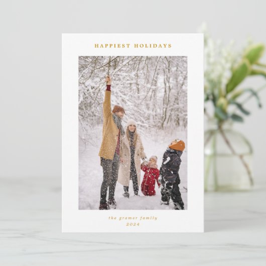 Minimal Modern Gold White Happiest Feestdagen Foto Feestdagenkaart (Staand voorkant)