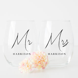 Minimal Modern Mr. Mrs Script Passen getrouwd Wijnglas Zonder Voet