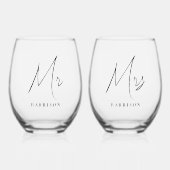 Minimal Modern Mr. Mrs Script Passen getrouwd Wijnglas Zonder Voet (Voorkant)