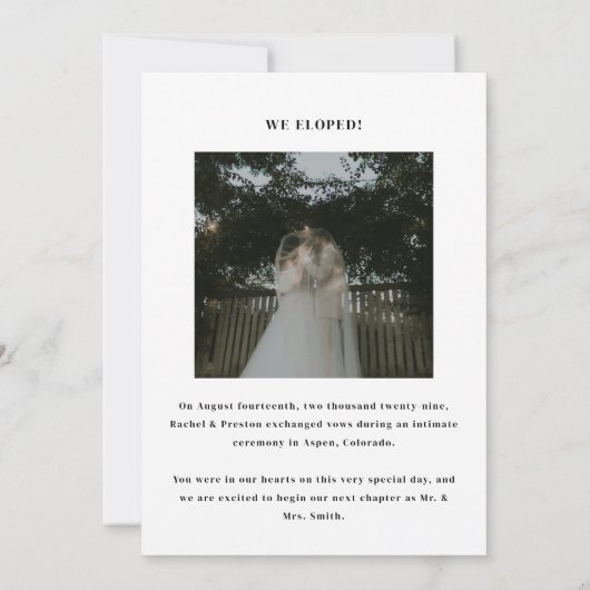 Minimal Modern Multi Photo Elopement Wedding Aankondiging (Achterkant)