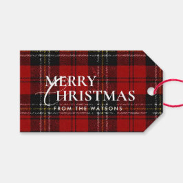 Minimal Modern Red Plaid Script Christmas Cadeaulabel