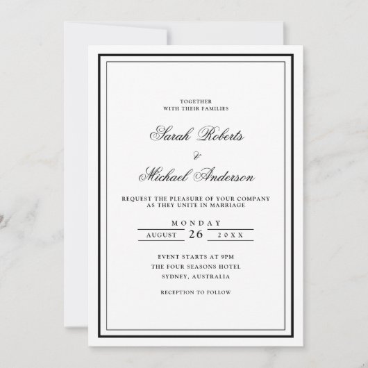 Minimal Modern Stijlvol Zwart Script Lijst Wedding Kaart (Voorkant)